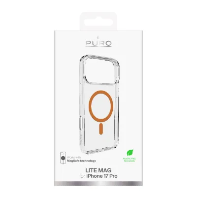 PURO - Puzdro LITE MAG s MagSafe pre iPhone 17 Pro, transparentná/oranžová