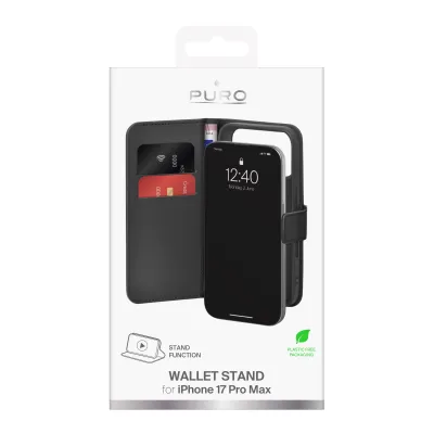 PURO - Puzdro Wallet Stand pre iPhone 17 Pro Max, odnímateľné, čierna