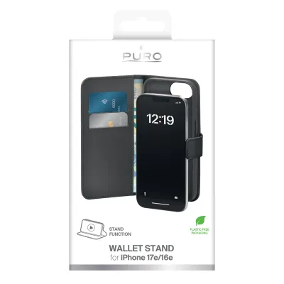 PURO - Puzdro Wallet Stand pre iPhone 17e/16e, odnímateľné, čierna
