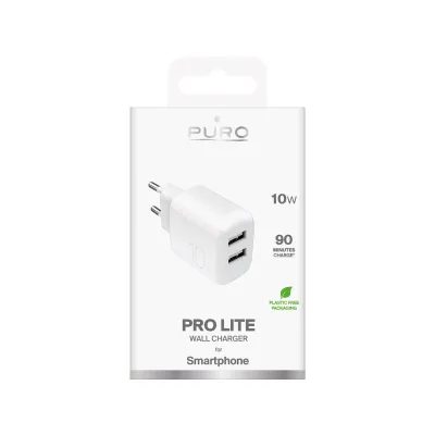 PURO - Cestovný adaptér PRO LITE 2x USB-A, 10 W, biela