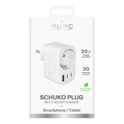 PURO - Viacportový cestovný adaptér 2x USB-C/USB-A/Schuko, PD 30 W, biela