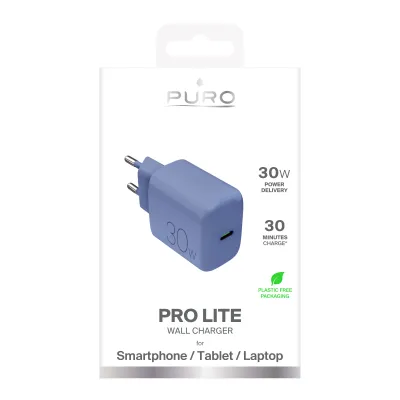 PURO - Cestovný adaptér PRO LITE, USB-C, PD 30 W, modrá