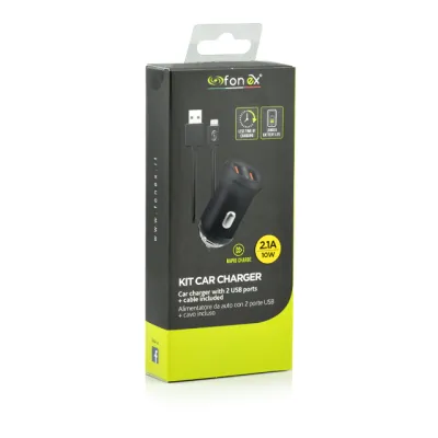 Fonex - Nabíjacia sada do auta 2xUSB/Lightning, 2,1 A, 10 W, čierna