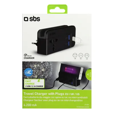 SBS - Cestovný adapter, univerzálny s vymeniteľným pinom US/EU/UK, čierna