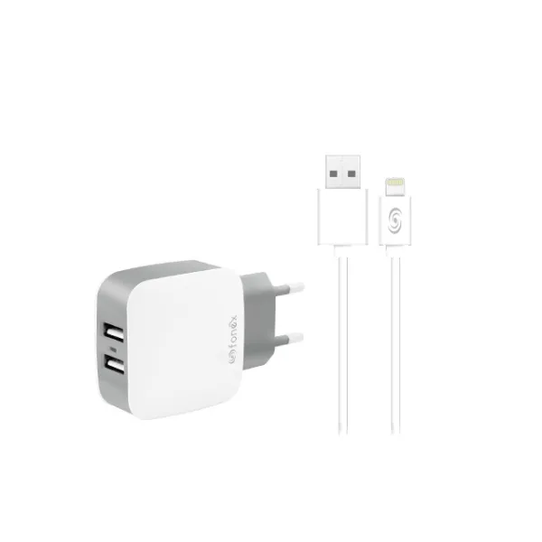 Fonex - Cestovná nabíjacia sada 2xUSB-A/Lightning, 2,1 A, 10 W, biela