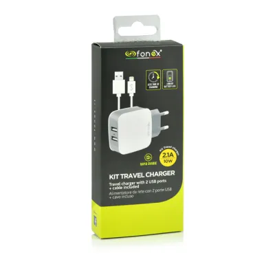 Fonex - Cestovná nabíjacia sada 2xUSB-A/Lightning, 2,1 A, 10 W, biela