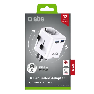 SBS - Univerzálny cestovný adaptér EU/UK/US/ASIA, 2x USB-C, biela