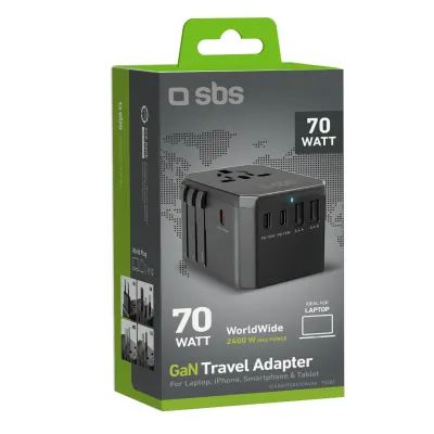 SBS - Univerzálny cestovný adaptér, GaN, 70 W, čierna