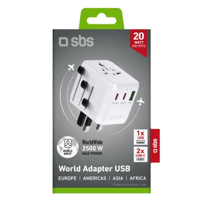 SBS - Univerzálny cestovný adaptér 2x USB-C/USB-A, 20 W, biela
