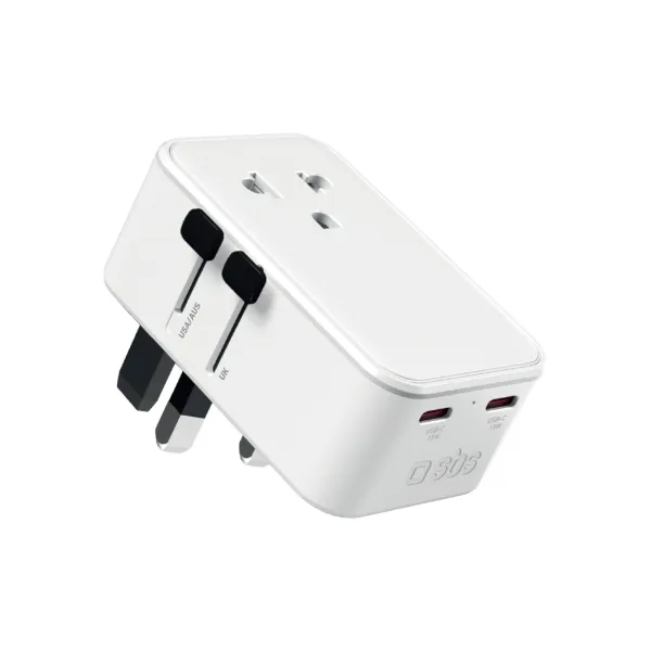 sbs - Univerzálny cestovný adaptér, 15 W, 2 x USB-C, 1 x USB-A, biela