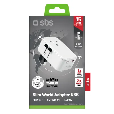 sbs - Univerzálny cestovný adaptér, 15 W, 2 x USB-C, 1 x USB-A, biela