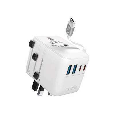 SBS - Univerzálny cestovný adaptér EU/UK/US/ASIA, 2x USB-A/3x USB-C, integrovaný kábel, biela
