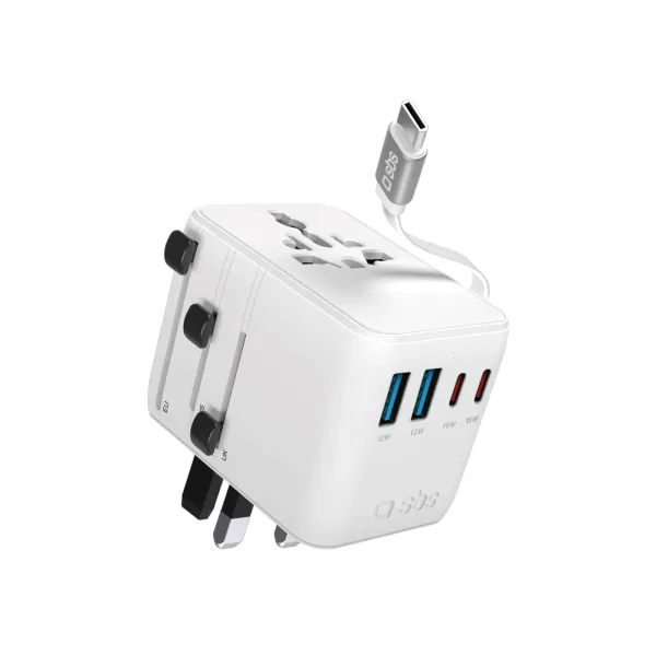 SBS - Univerzálny cestovný adaptér EU/UK/US/ASIA, 2x USB-A/3x USB-C, integrovaný kábel, biela