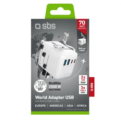 SBS - Univerzálny cestovný adaptér EU/UK/US/ASIA, 2x USB-A/3x USB-C, integrovaný kábel, biela