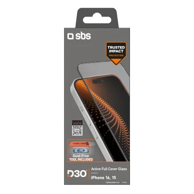 SBS - Tvrdené sklo Active Full Cover D3O s aplikátorom pre iPhone 16/15/15 Pro, číra