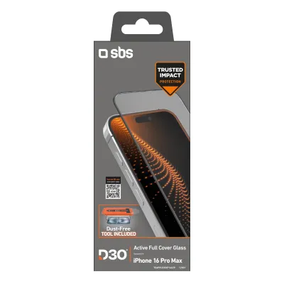 SBS - Tvrdené sklo Active Full Cover D3O s aplikátorom pre iPhone 16 Pro Max, číra