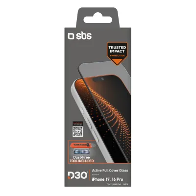 SBS - Tvrdené sklo Active Full Cover D3O s aplikátorom pre iPhone 17/16 Pro, číra