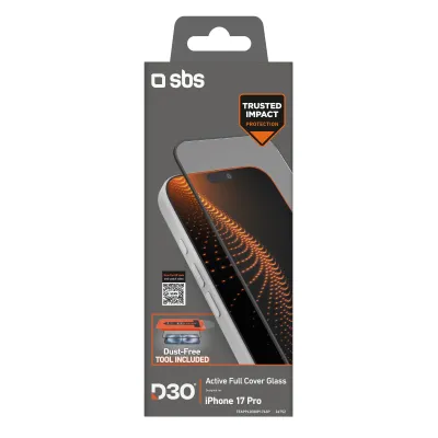 SBS - Tvrdené sklo Active Full Cover D3O s aplikátorom pre iPhone 17 Pro, číra