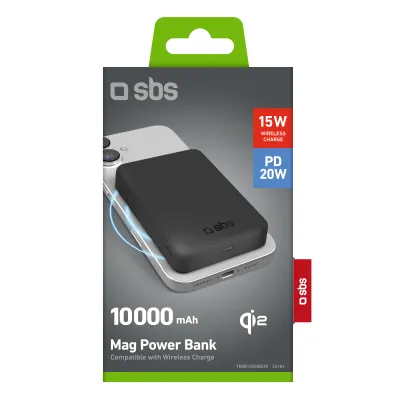 SBS - Bezdrôtová PowerBank 10000 mAh Mag, PD, 20 W, Qi2/USB-C, čierna