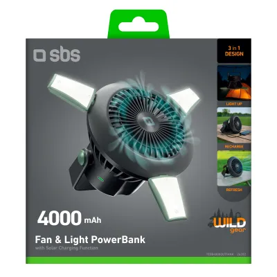 SBS - Ventilátor & PowerBank WILD gear 5000 mAh, so svetlom a solárnym nabíjaním, čierna
