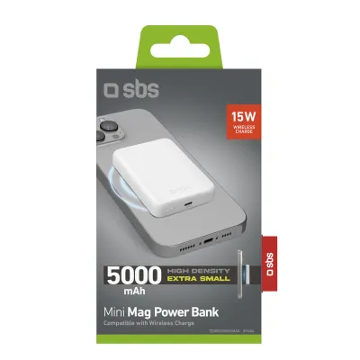 SBS - Bezdrôtová PowerBank 5000 mAh 15 W, Mini Mag, USB-C, PD, biela