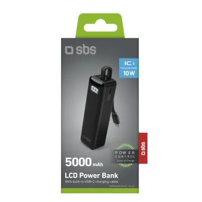 SBS - PowerBank 5000 mAh 10 W, s integrovaným káblom, LCD, USB-C, čierna