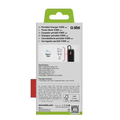 SBS - PowerBank 5000 mAh 10 W, s integrovaným káblom, LCD, USB-C, čierna