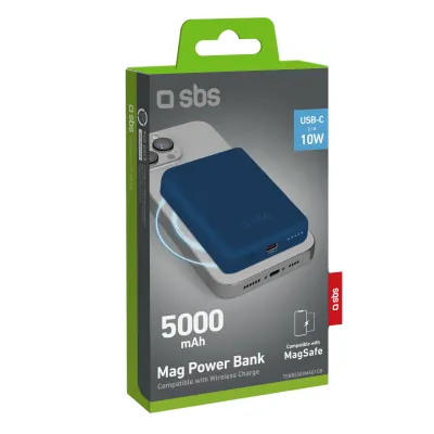 SBS - PowerBank 5000 mAh 10 W, kompatibilná s MagSafe, Mag Power, USB-C, modrá