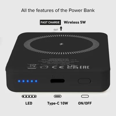 SBS - PowerBank 5000 mAh 10 W, kompatibilná s MagSafe, Mag Power, USB-C, čierna