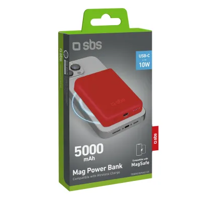 SBS - PowerBank 5000 mAh 10 W, kompatibilná s MagSafe, Mag Power, USB-C, červená