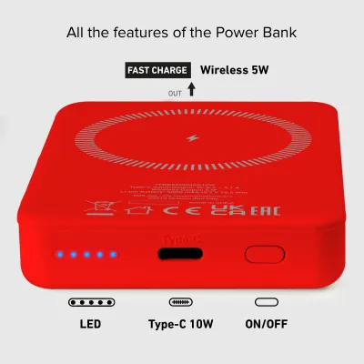 SBS - PowerBank 5000 mAh 10 W, kompatibilná s MagSafe, Mag Power, USB-C, červená