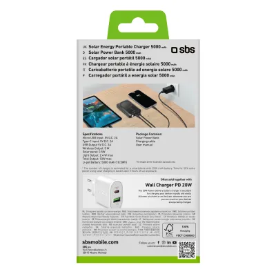 SBS - PowerBank 5000 mAh 10 W, kompatibilná s MagSafe, Solar, Mag Power, USB-C/USB-A, čierna
