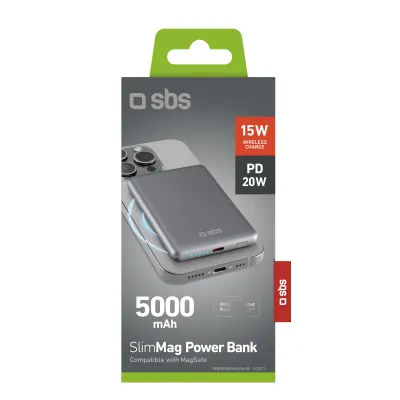 SBS - Bezdrôtová PowerBank 5000 mAh 20 W, kompatibilná s MagSafe, SlimMag, USB-C, PD, šedá