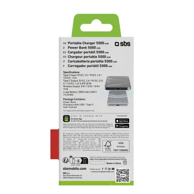 SBS - Bezdrôtová PowerBank 5000 mAh 20 W, kompatibilná s MagSafe, SlimMag, USB-C, PD, šedá