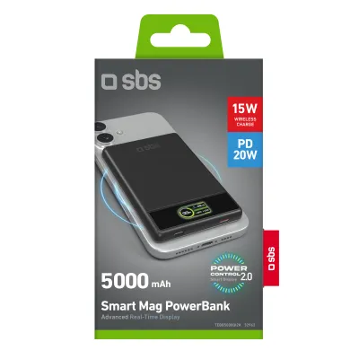 SBS - Bezdrôtová PowerBank 5000 mAh Smart Mag, MagSafe, USB-C PD 20 W, čierna