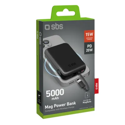 SBS - Bezdrôtová PowerBank 5000 mAh 20 W, s integrovaným káblom, Mag, USB-C, PD, čierna
