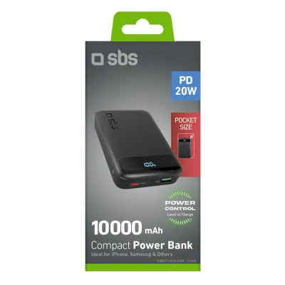 SBS - PowerBank 10000 mAh 20 W, PD, Compact, USB-C/USB-A, čierna
