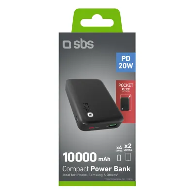 SBS - PowerBank 10000 mAh 20 W, Power Delivery, USB-C/USB-A, čierna