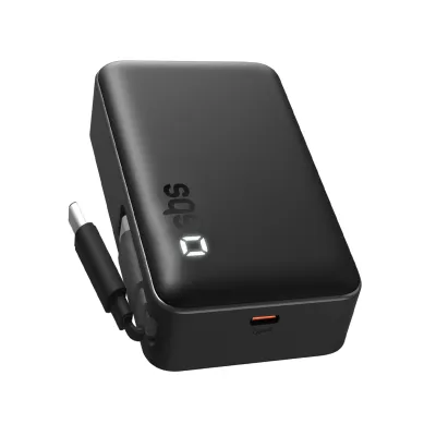 SBS - PowerBank 10000 mAh 20 W PD, s integrovaným káblom 2x USB-C, čierna