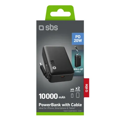SBS - PowerBank 10000 mAh 20 W PD, s integrovaným káblom 2x USB-C, čierna