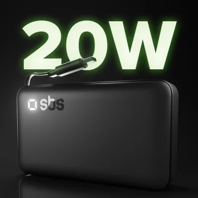 SBS - PowerBank 10000 mAh 20 W PD, s integrovaným káblom 2x USB-C, čierna
