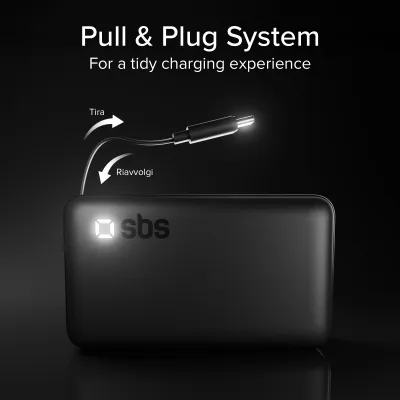 SBS - PowerBank 10000 mAh 20 W PD, s integrovaným káblom 2x USB-C, čierna