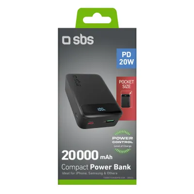 SBS - PowerBank 20000 mAh 20 W, PD, Compact, USB-C/USB-A, čierna