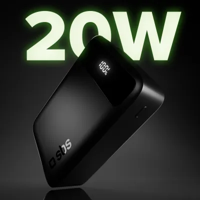 SBS - PowerBank 20000 mAh 20 W, PD, Compact, USB-C/USB-A, čierna