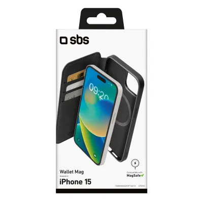 SBS - Puzdro Book Wallet Mag kompatibilné s MagSafe pre iPhone 15, čierna