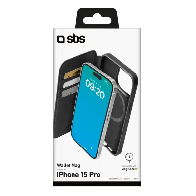 SBS - Puzdro Book Wallet Mag kompatibilné s MagSafe pre iPhone 15 Pro, čierna