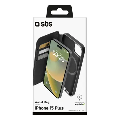 SBS - Puzdro Book Wallet Mag kompatibilné s MagSafe pre iPhone 15 Plus, čierna