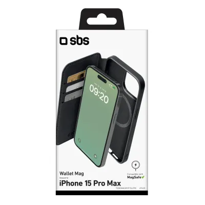 SBS - Puzdro Book Wallet Mag kompatibilné s MagSafe pre iPhone 15 Pro Max, čierna