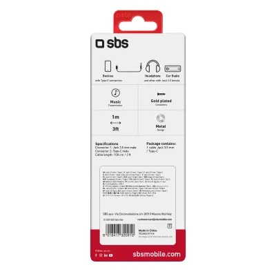 SBS - Adaptér USB-C/Jack 3,5 mm male, 1 m, čierna