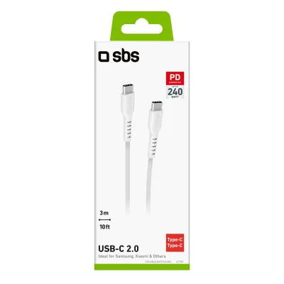 SBS - Kábel USB-C/USB-C, 240 W, Power Delivery, 3 m, biela